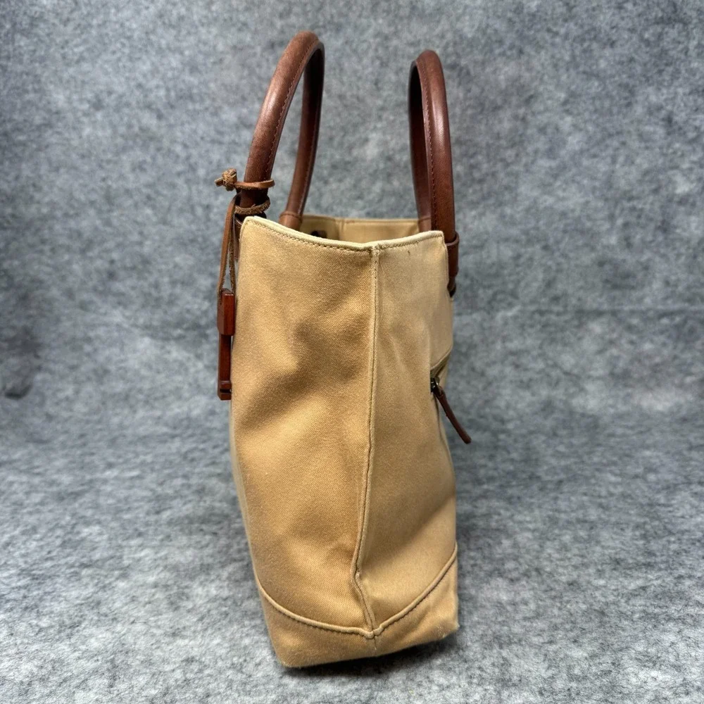Fossil Canvas Handbag Leather Trim Circle Ring Handles Boho Hobo Wood Key